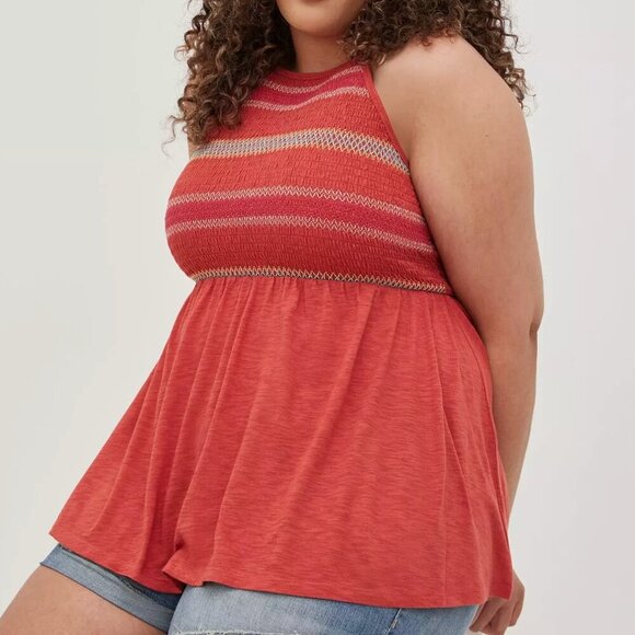 NEW NWT TORRID 3 Plus Size Super Soft Smocked High Neck Babydoll Top Orange Tank - Picture 1 of 15